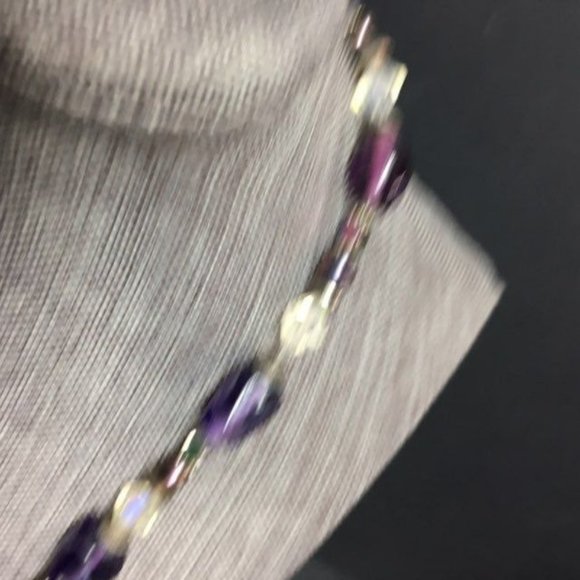 Purple Pendant Necklace Iridescent Toggle Silver Clear Faceted Retro Boho Glam - Picture 6 of 8